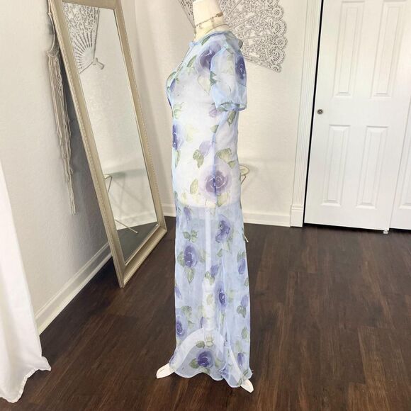 Vintage Whimsygoth Light Blue Sheer Mesh Rose Floral Maxi Dress S - Picture 4 of 8